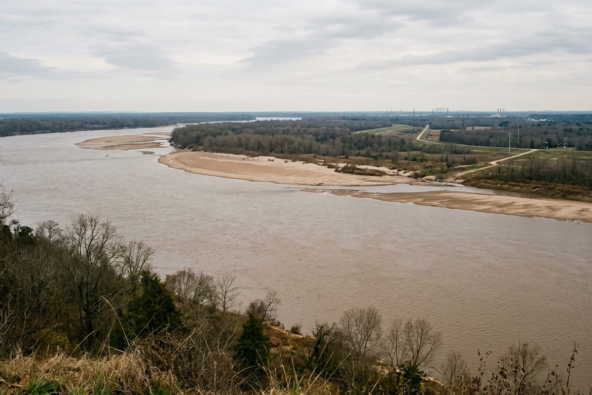 Wide view from a high bluff over a very wide river at low water with pale sandbars exposed along the far bank