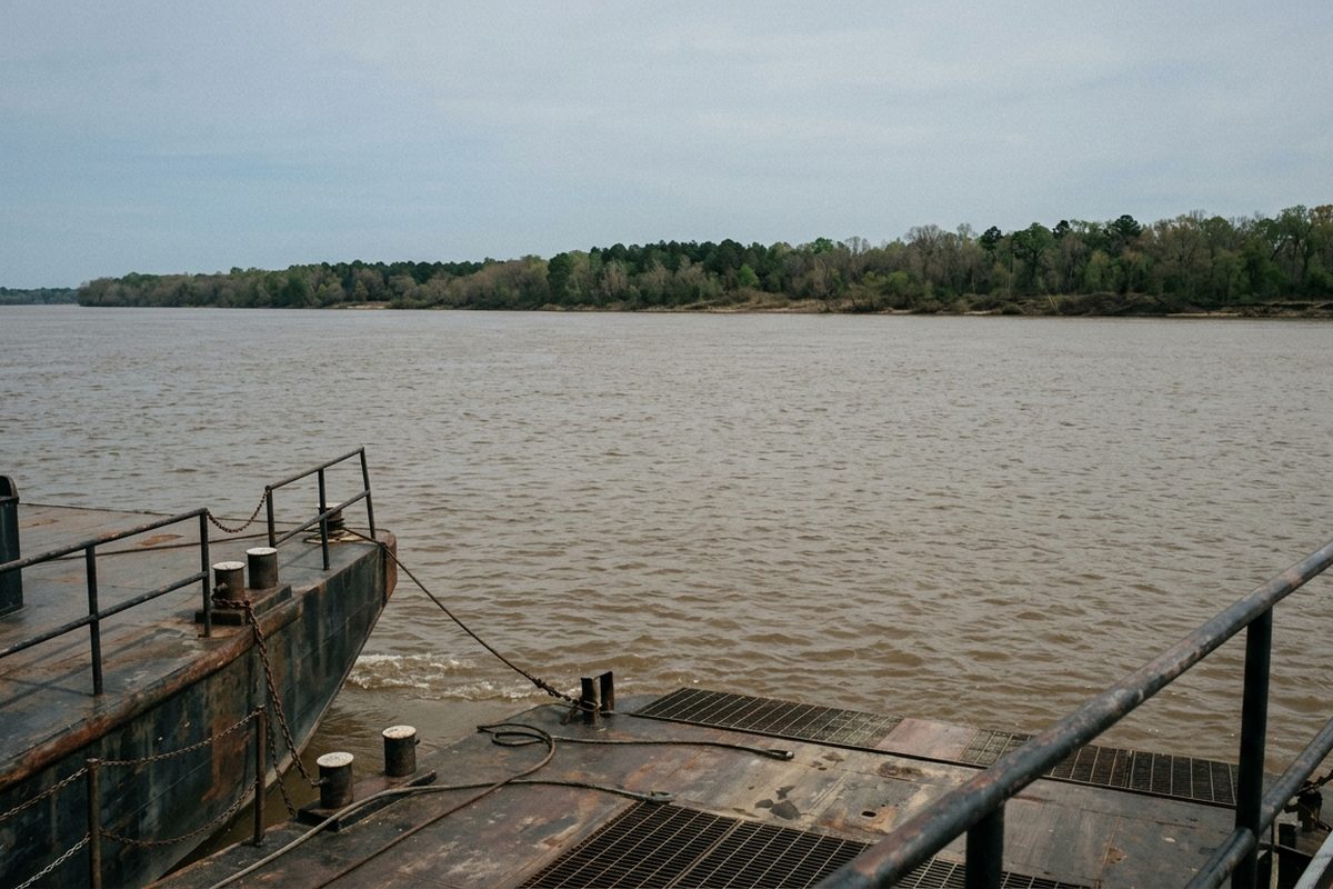View from the deck of a small river ferry mid crossing with brown water on both sides and a low treeline ahead