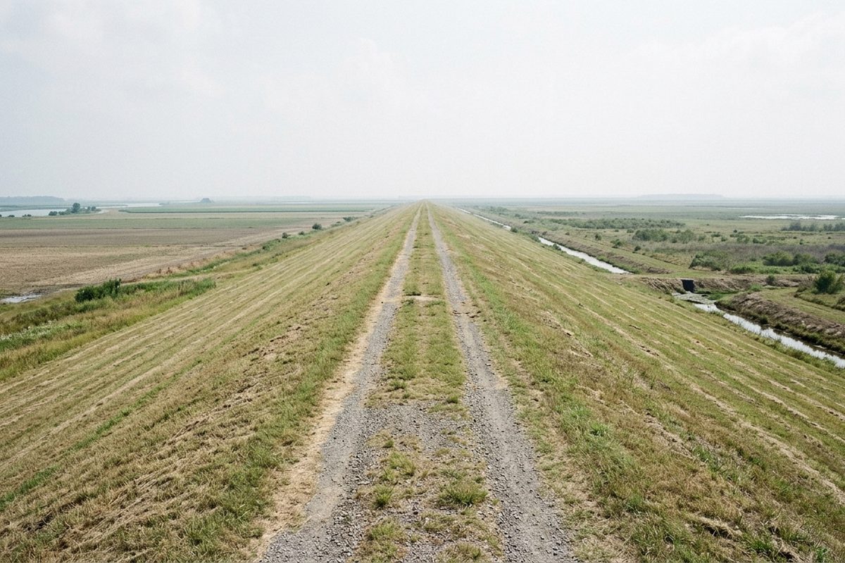 A straight grass levee under a bright hazy sky with mown slopes on both sides and no tree in sight