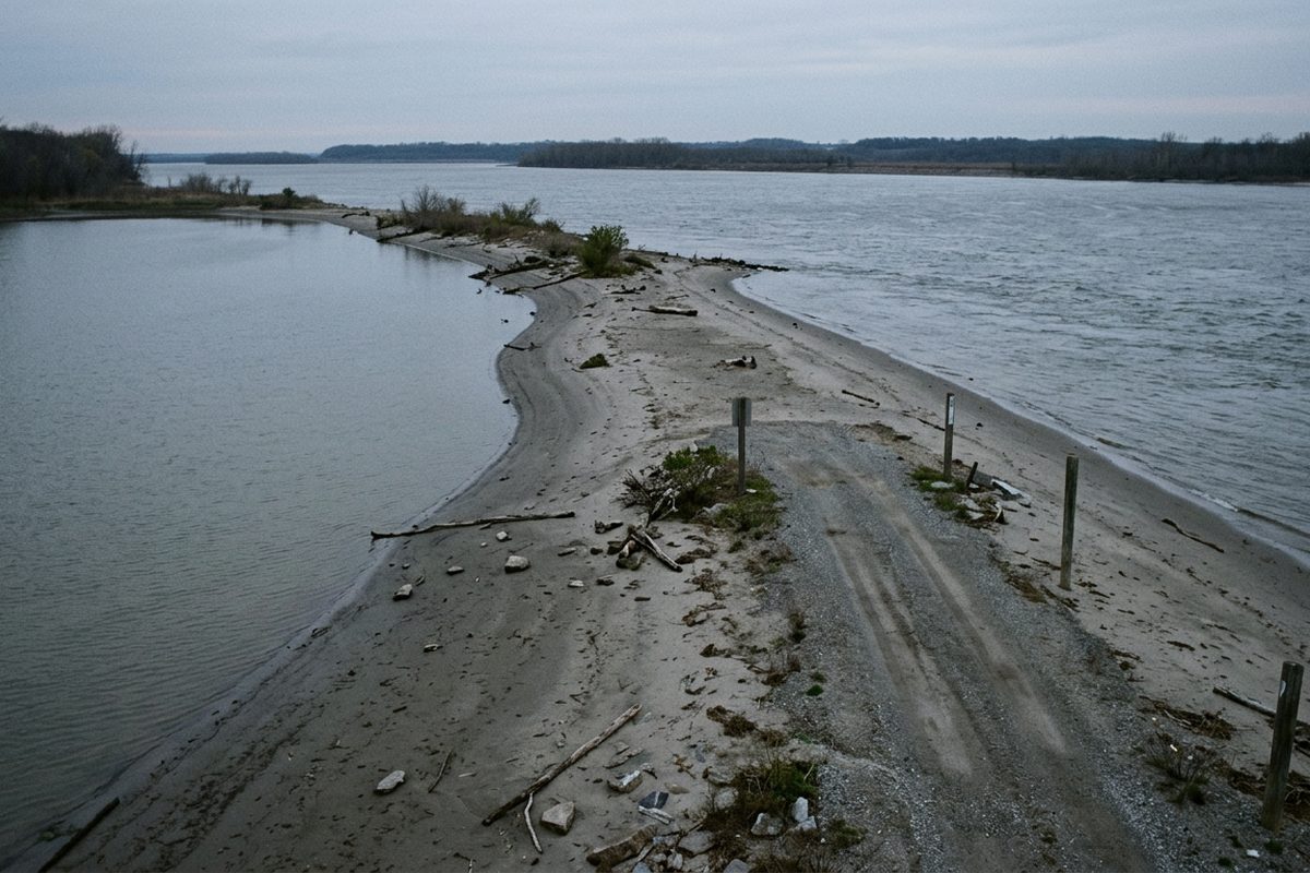 Long sandbar at the tip of a low peninsula with still harbour water on the left and the main river channel on the right