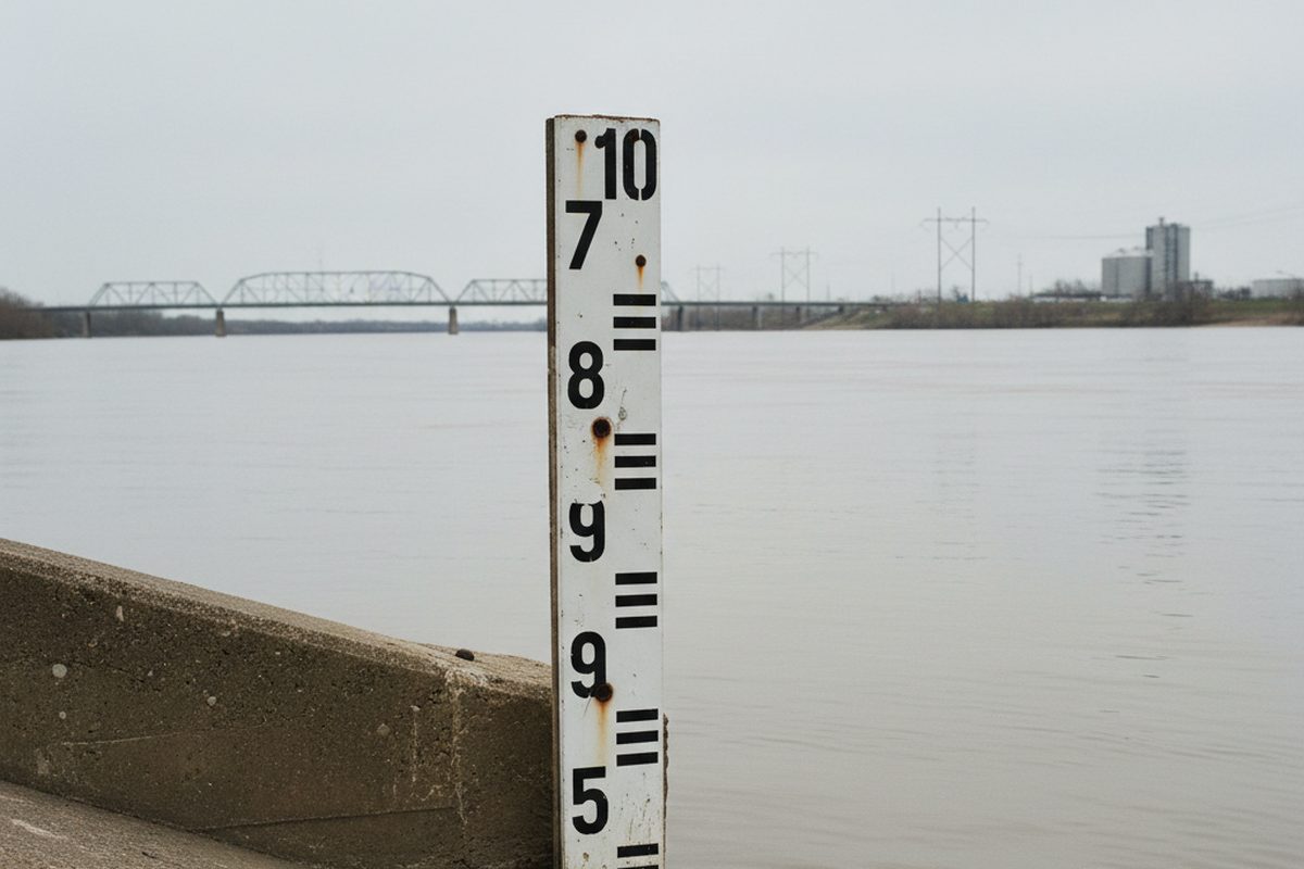 A river stage gauge board mounted on a bank with the water standing partway up the numbered markings