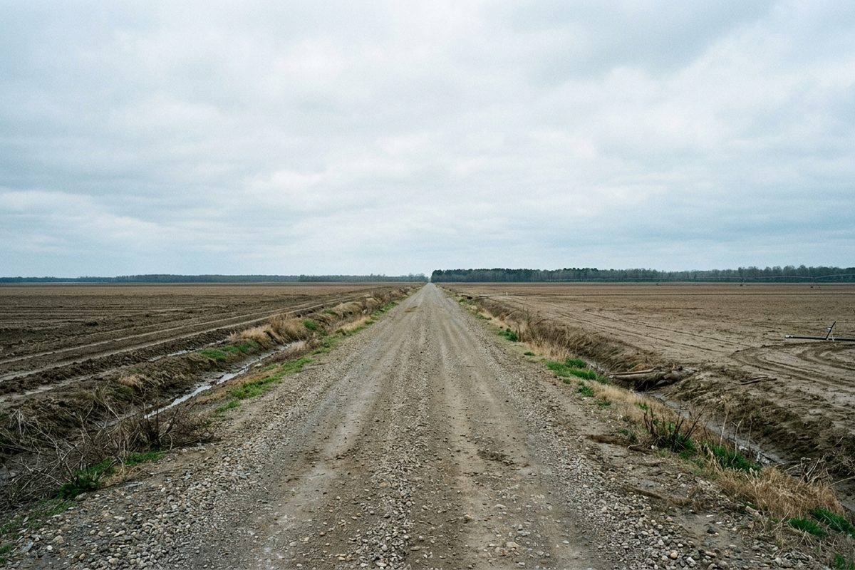 Wide flat flat farmland under a tall sky with a distant treeline and a straight road running away