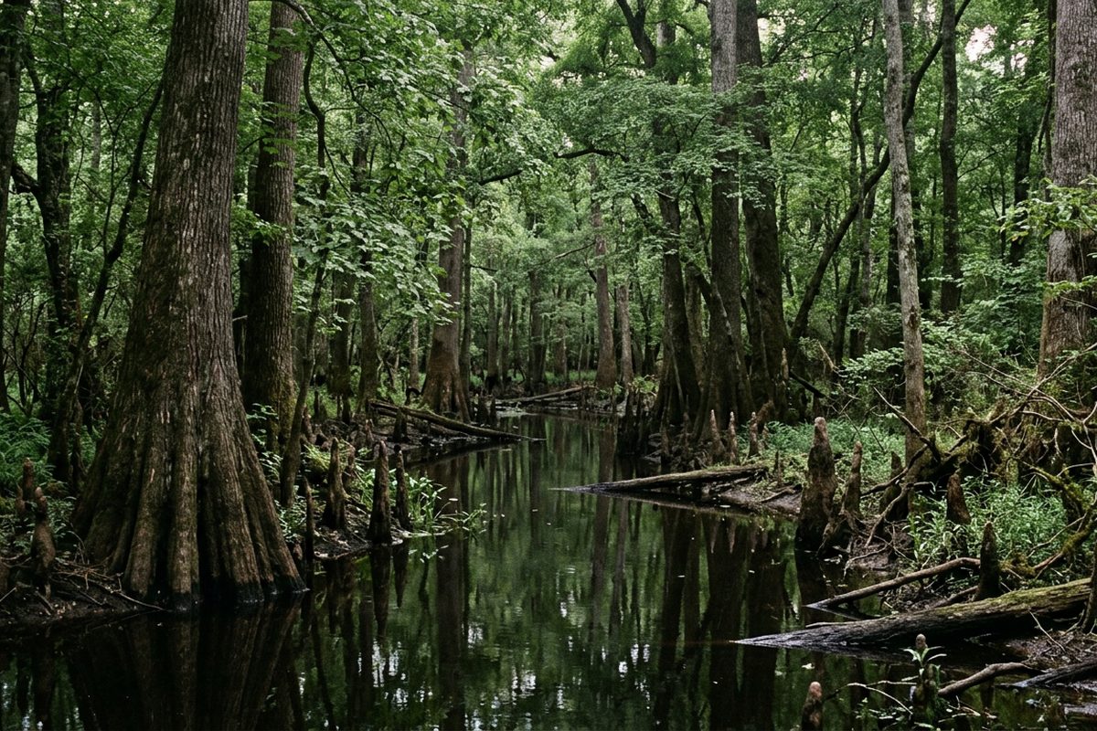 Still black water winding between cypress and tupelo trunks with knees rising from the surface in summer light