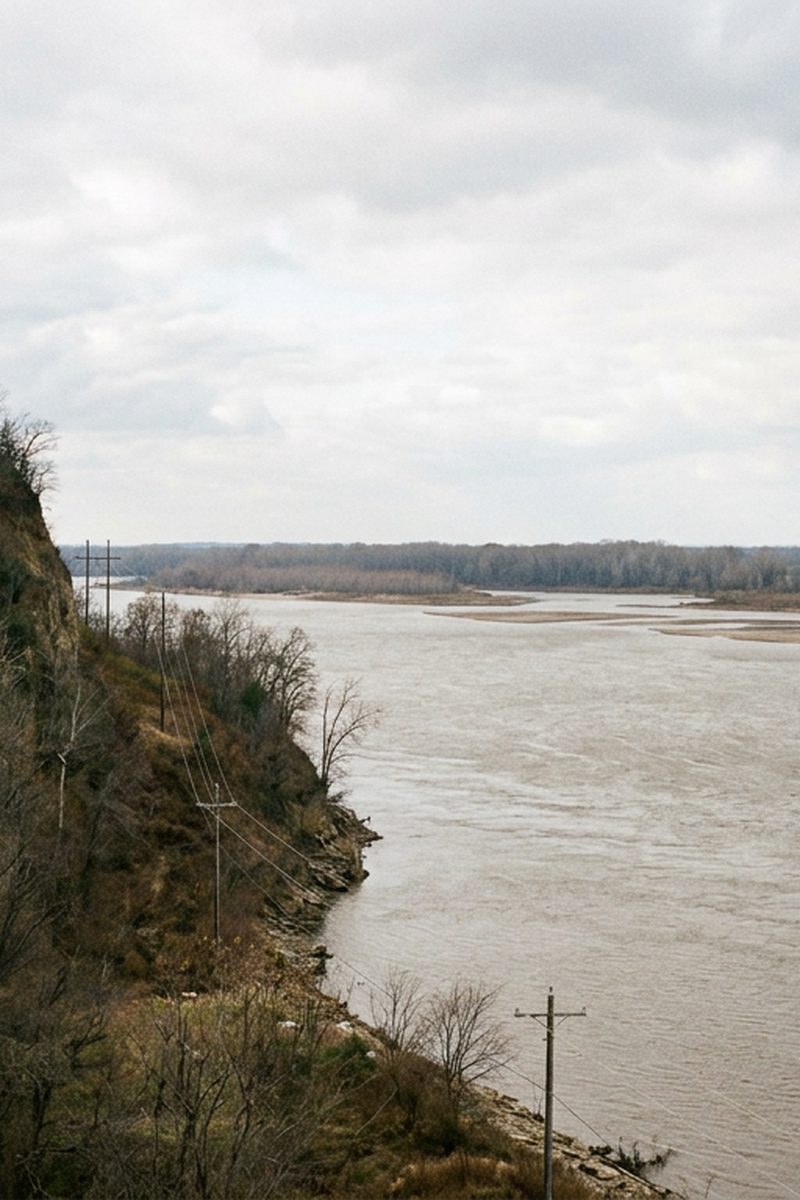 A steep wooded bluff dropping to a wide brown river under a pale autumn sky, no people