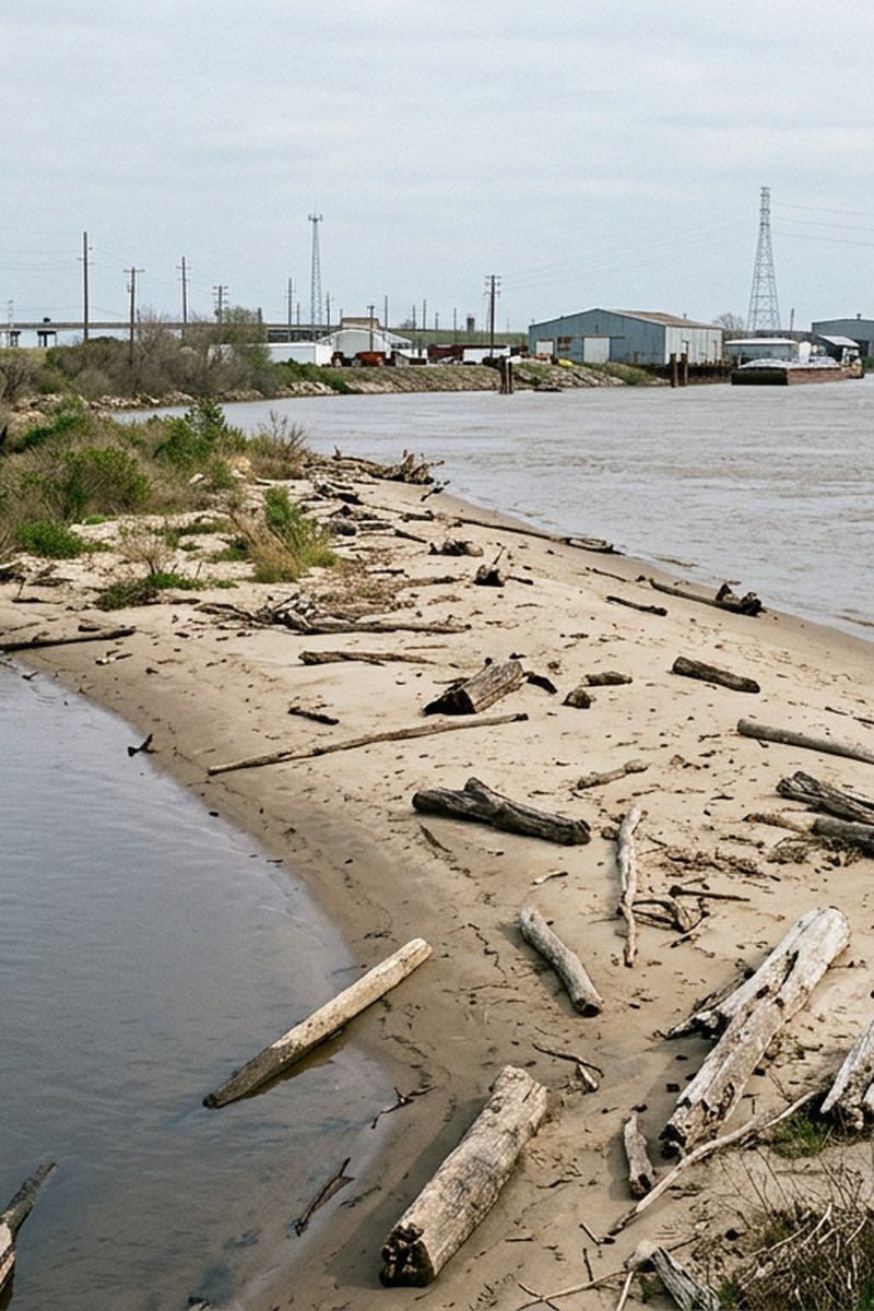A narrow sandy point of land between still water on one side and a wide flowing river on the other