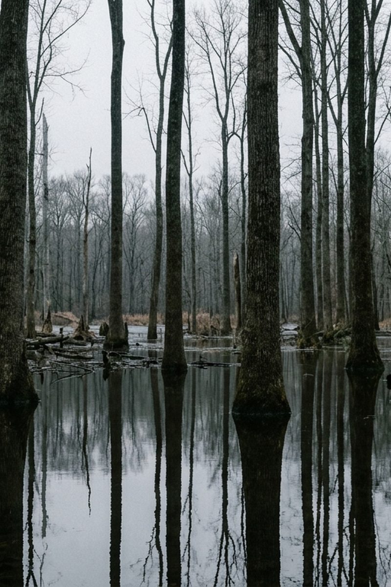 Tall bare hardwood trunks standing in shallow floodwater in a bottomland forest under grey light
